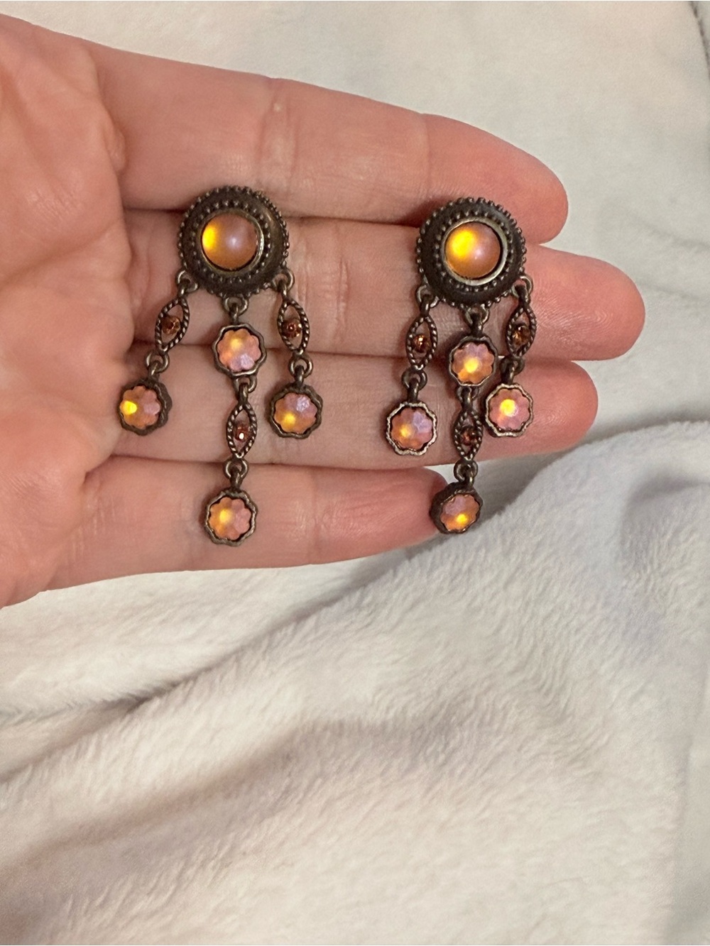 Iridescent Peach-Pink Dangle Floral Earrings
